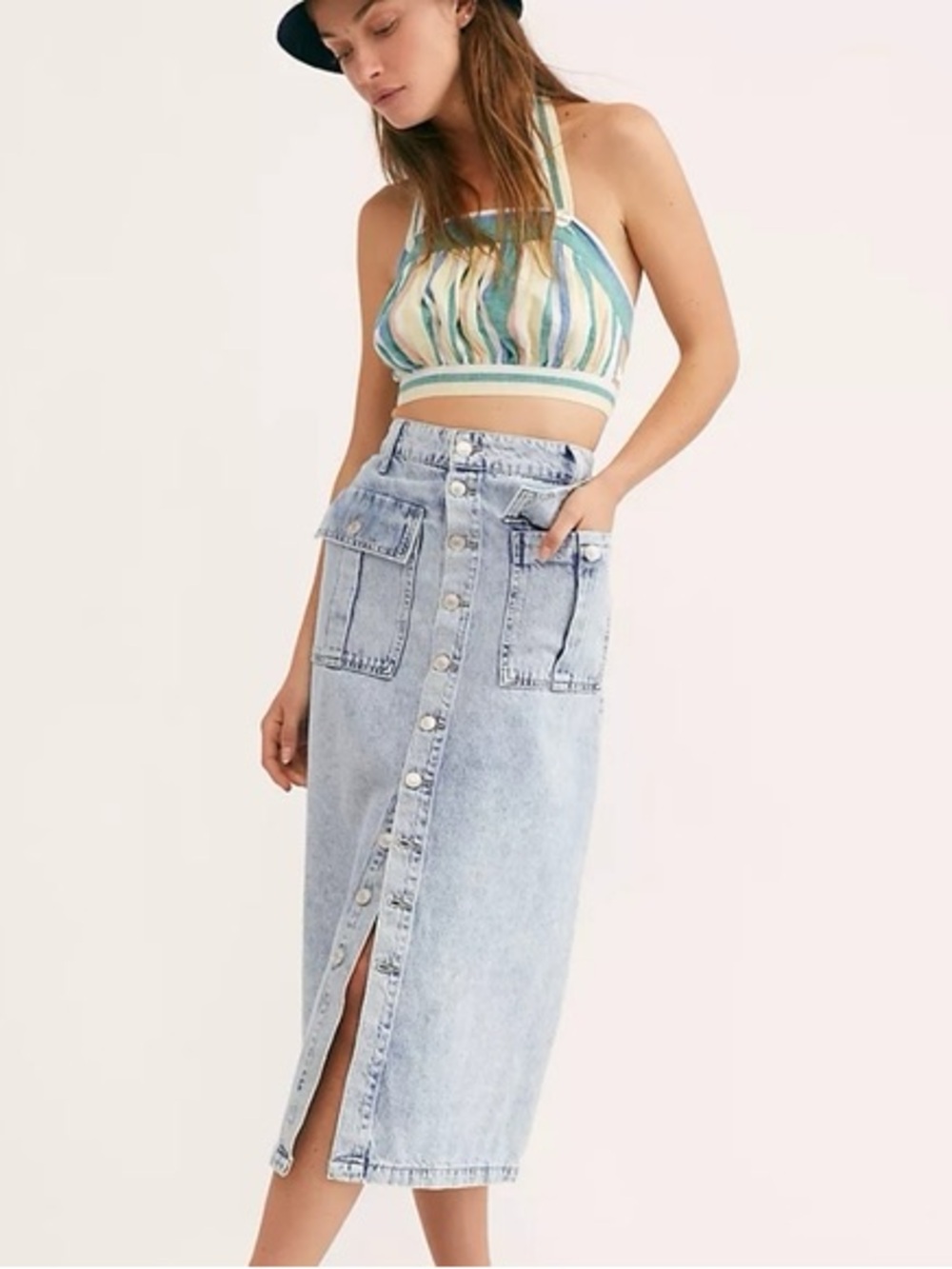 We The Free Light Blue Button-Front Denim Midi Skirt EUC